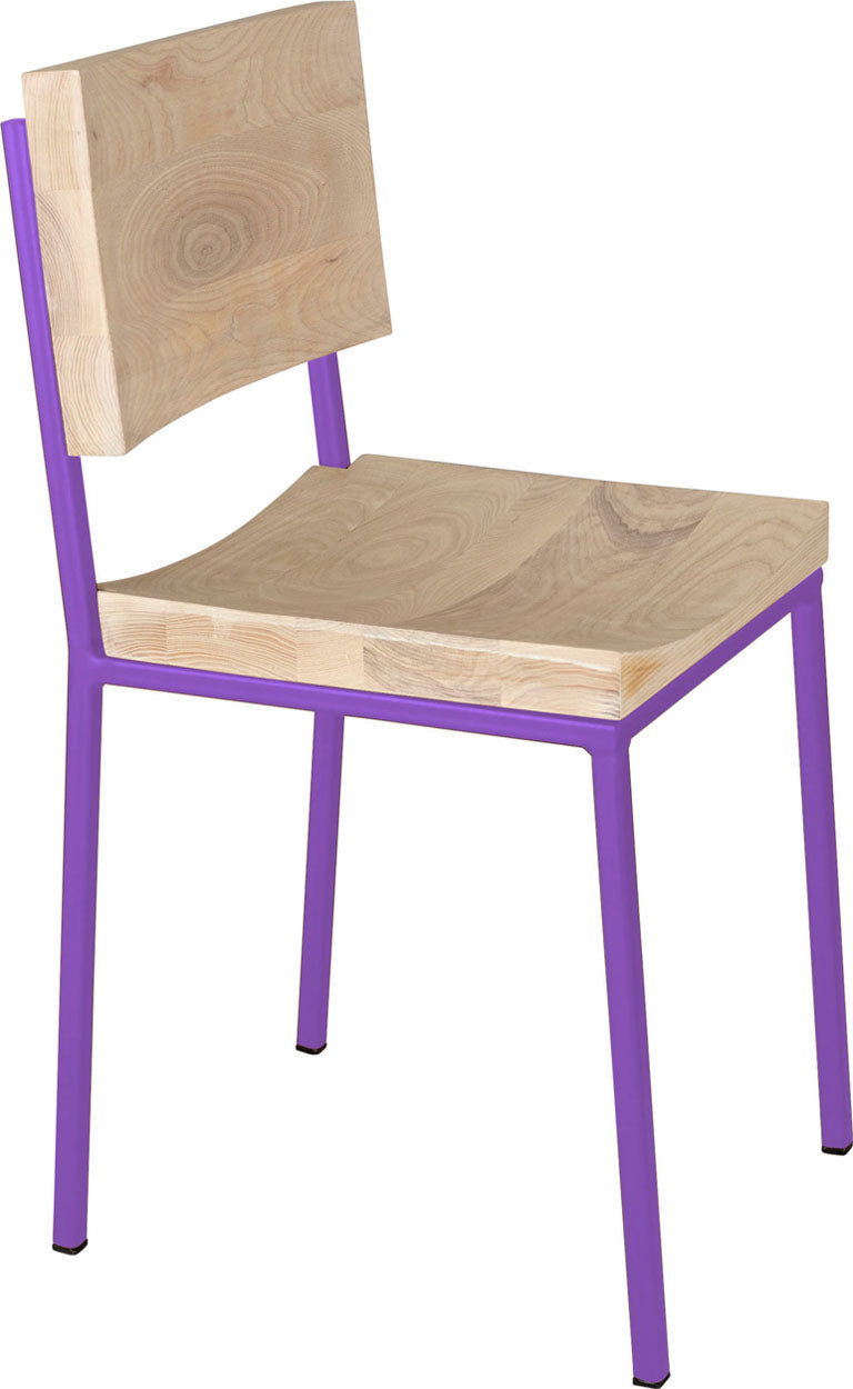 Purple metal chair with whitewash stain ash wood made in UK - angle view square frame