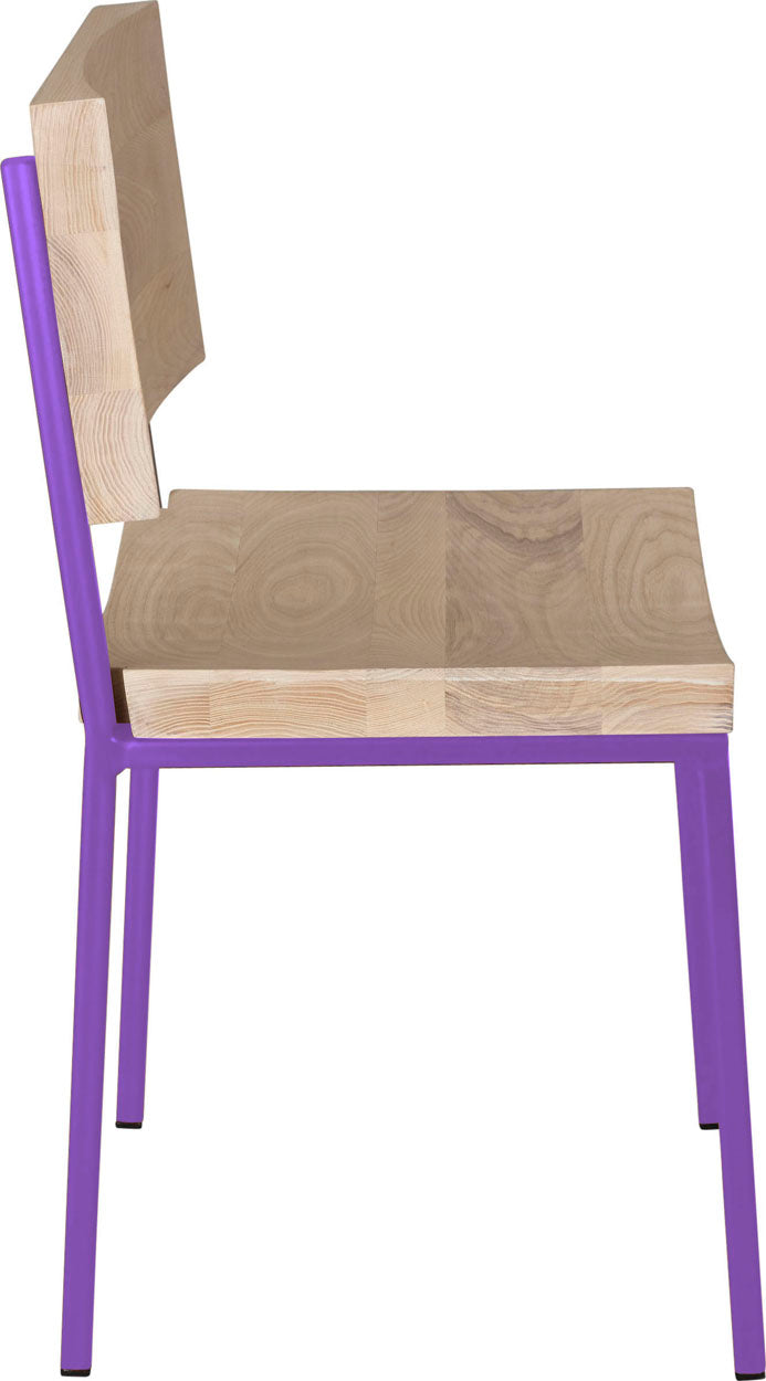 Purple metal chair with whitewash stain ash wood made in UK - side view square frame