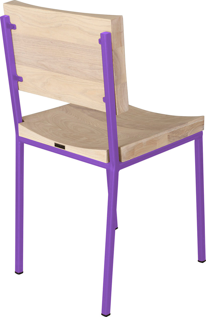 Purple metal chair with whitewash stain ash wood made in UK - back side view square frame