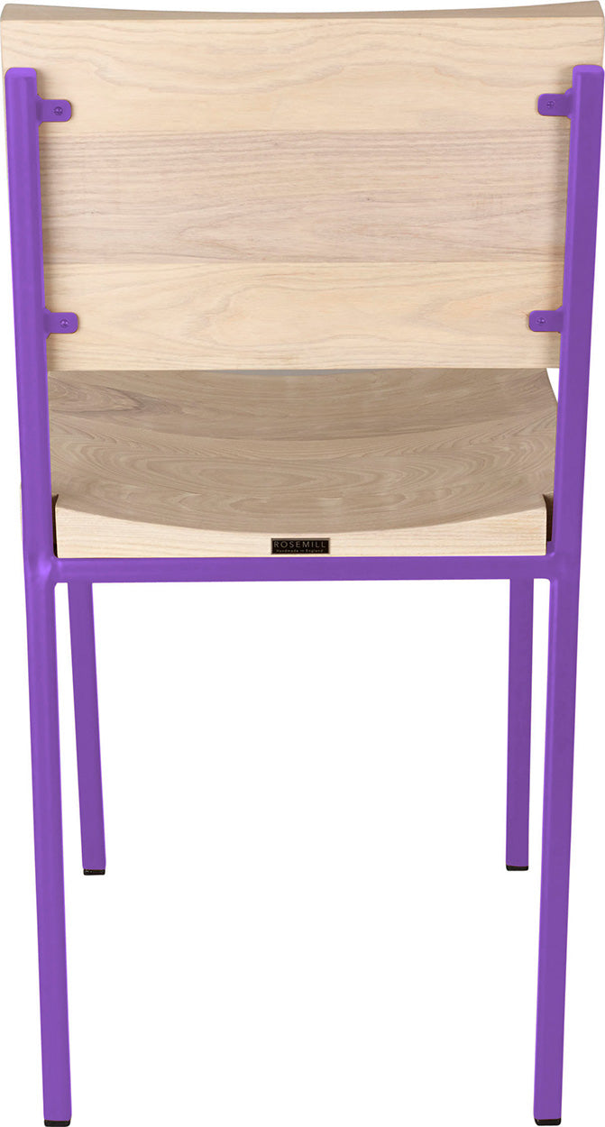 Purple metal chair with whitewash stain ash wood made in UK - back view square frame