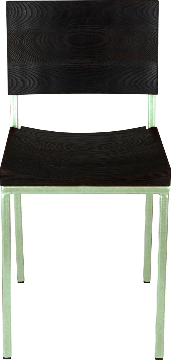 Mint green metal chair with black stain ash wood made in UK - front view square frame