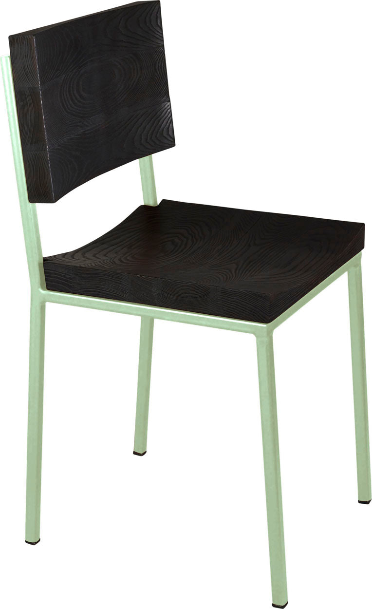 Mint green metal chair with black stain ash wood made in UK - angle view square frame