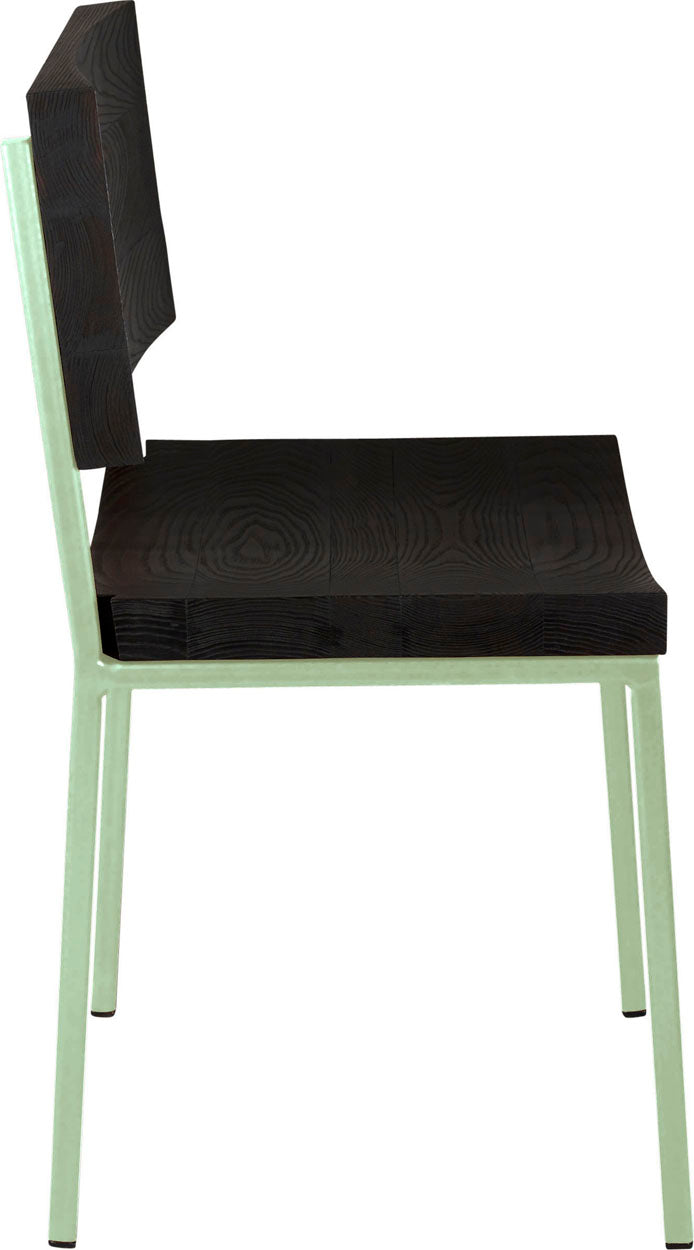 Mint green metal chair with black stain ash wood made in UK - side view square frame