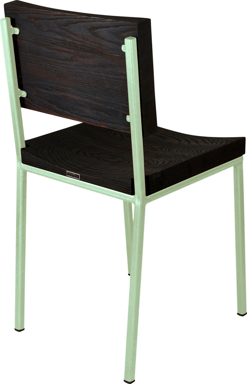 Mint green metal chair with black stain ash wood made in UK - back side view square frame