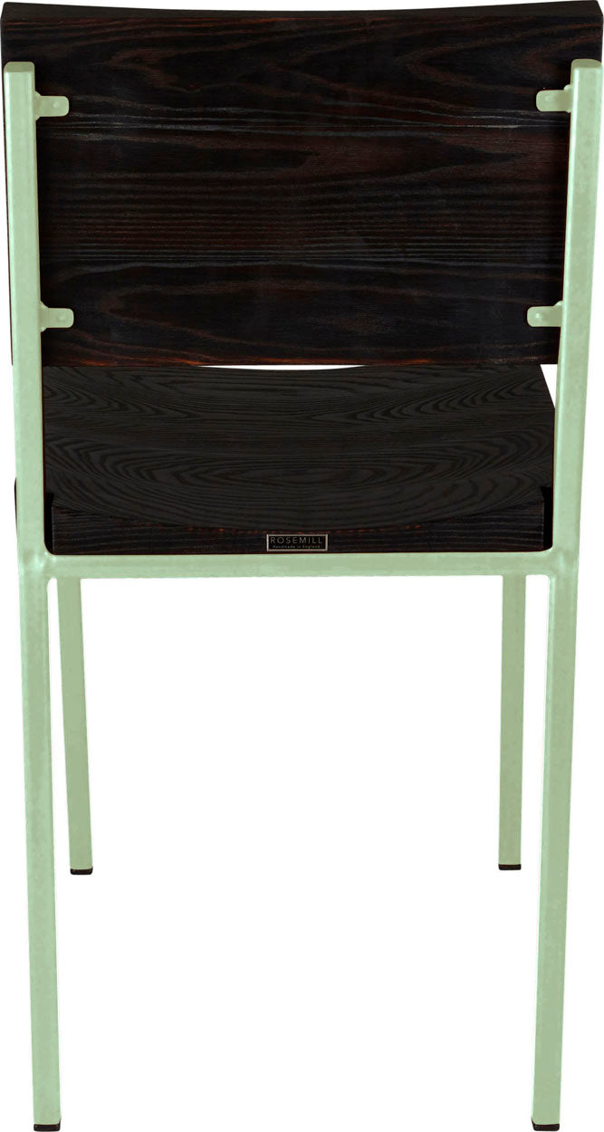 Mint green metal chair with black stain ash wood made in UK - back view square frame