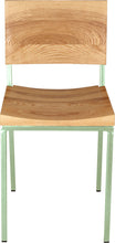 Load image into Gallery viewer, Mint green metal chair with natural stain ash wood made in UK - front view square frame
