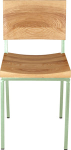 Mint green metal chair with natural stain ash wood made in UK - front view square frame