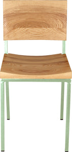 Mint green metal chair with natural stain ash wood made in UK - front view square frame