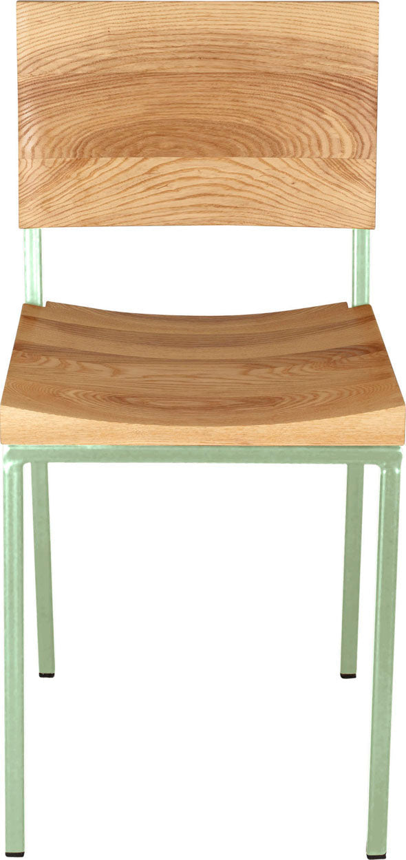 Mint green metal chair with natural stain ash wood made in UK - front view square frame