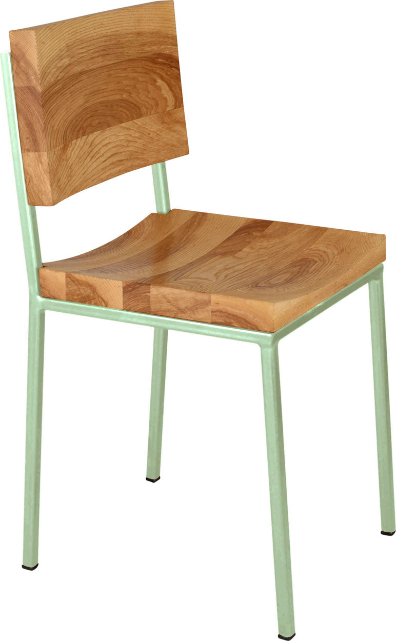Mint green metal chair with natural stain ash wood made in UK - angle view square frame