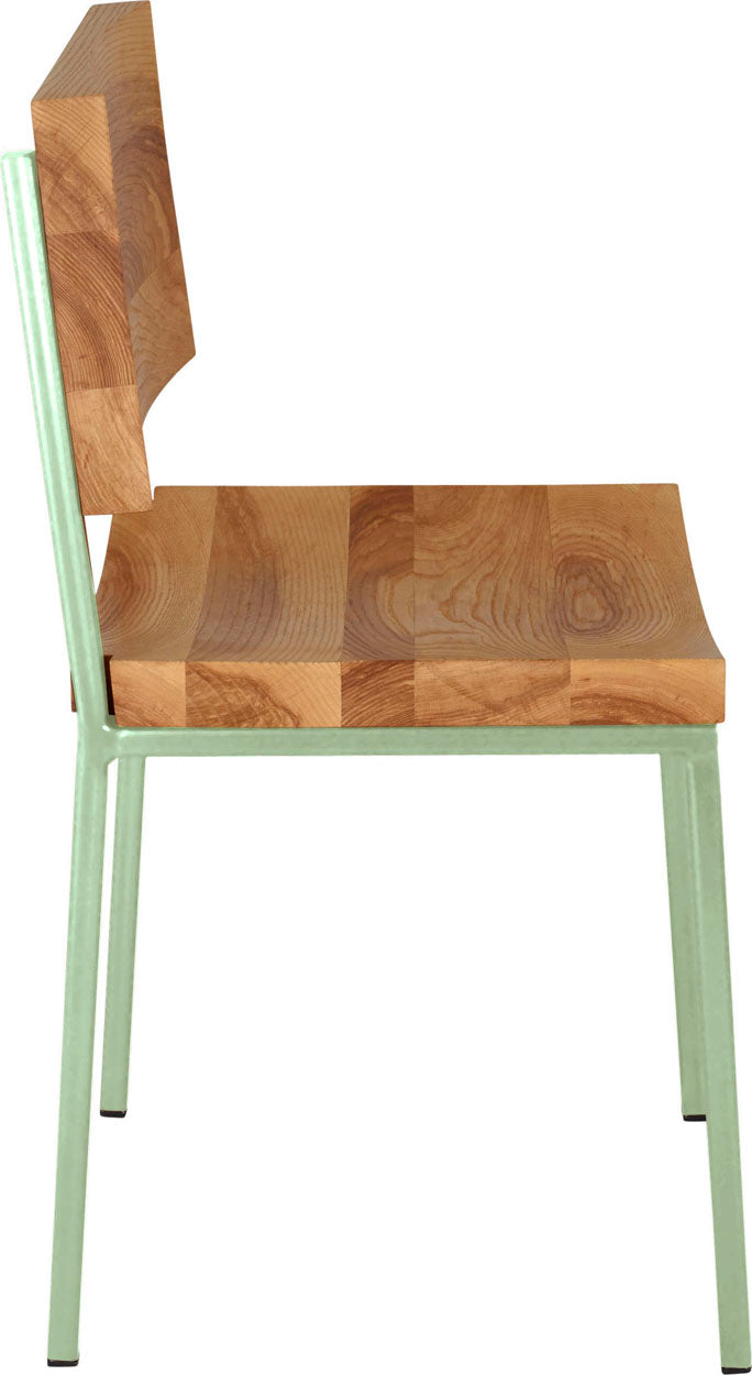 Mint green metal chair with natural stain ash wood made in UK - side view square frame