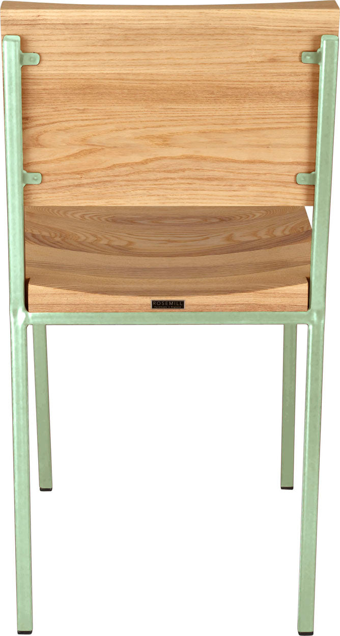 Mint green metal chair with natural stain ash wood made in UK - back view square frame