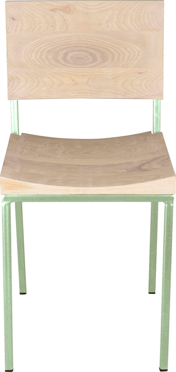 Mint green metal chair with whitewash stain ash wood made in UK - front view square frame