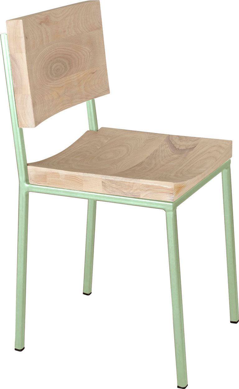 Mint green metal chair with whitewash stain ash wood made in UK - angle view square frame