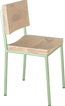 Load image into Gallery viewer, Mint green metal chair with whitewash stain ash wood made in UK - angle view square frame
