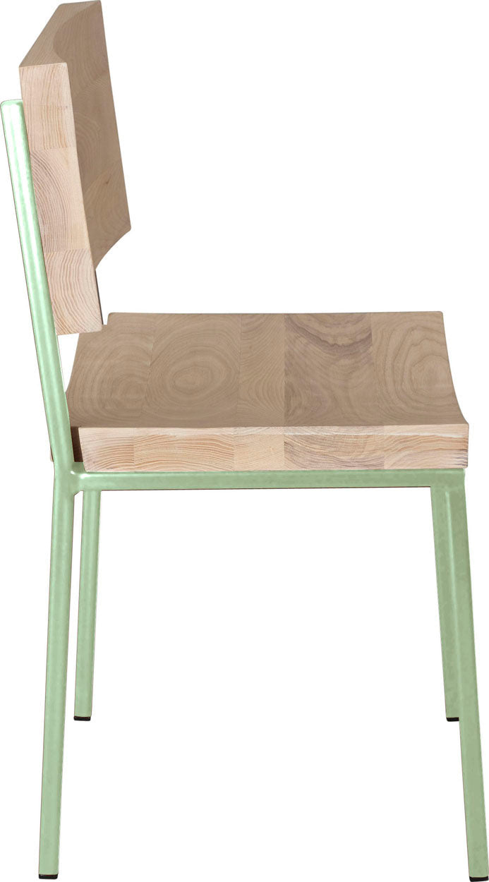 Mint green metal chair with whitewash stain ash wood made in UK - side view square frame