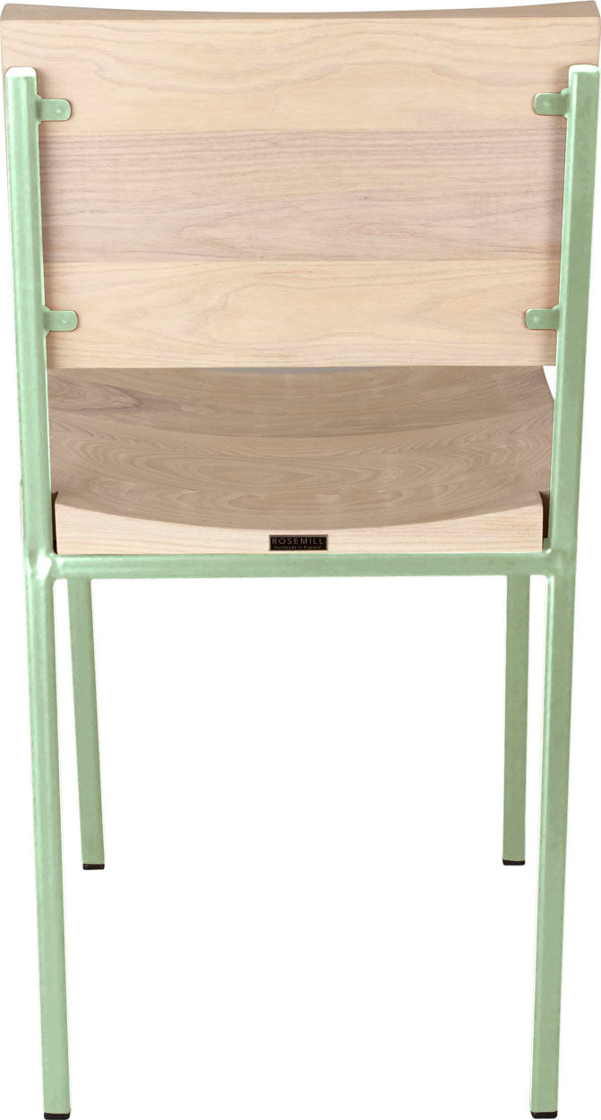 Mint green metal chair with whitewash stain ash wood made in UK - back view square frame