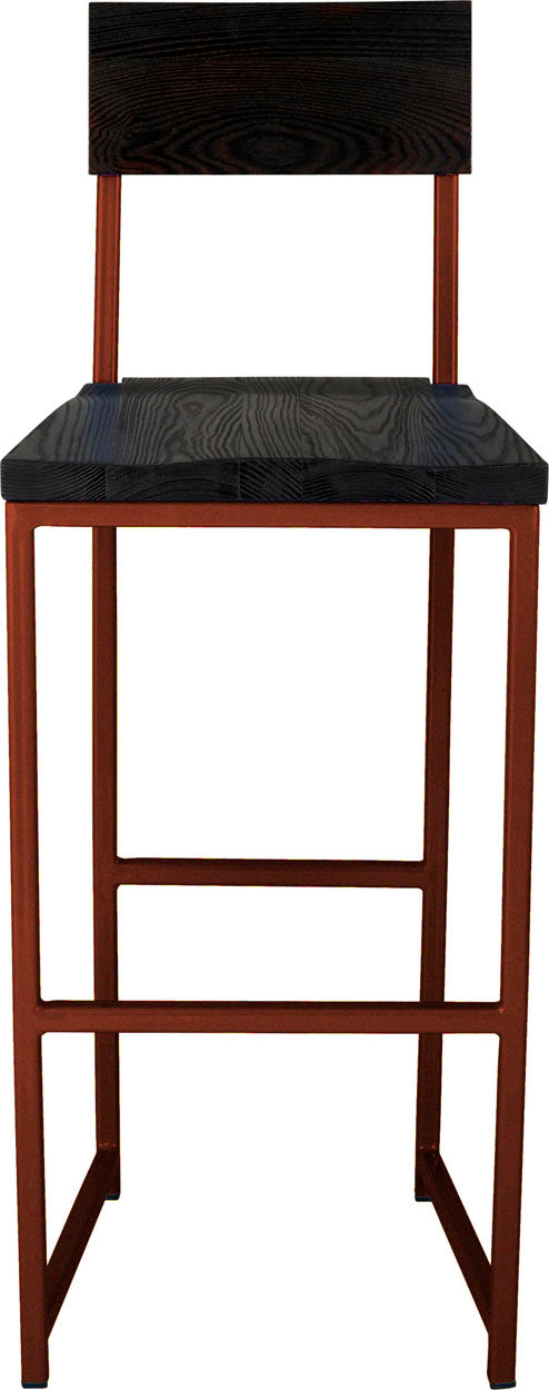 Copper metal stool with back with black stain ash wood made in UK - front view square frame