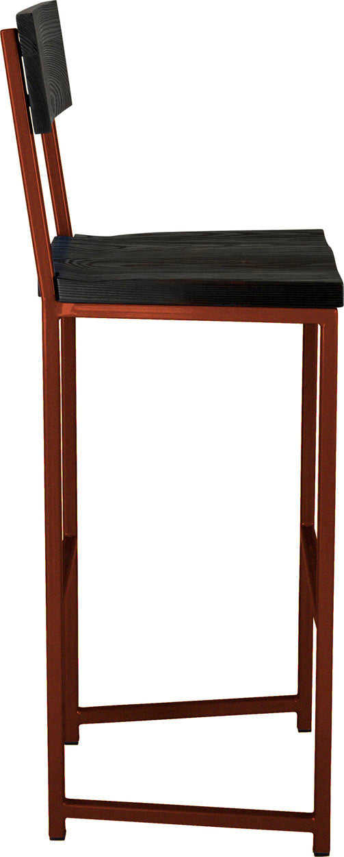 Copper metal stool with back with black stain ash wood made in UK - side view square frame