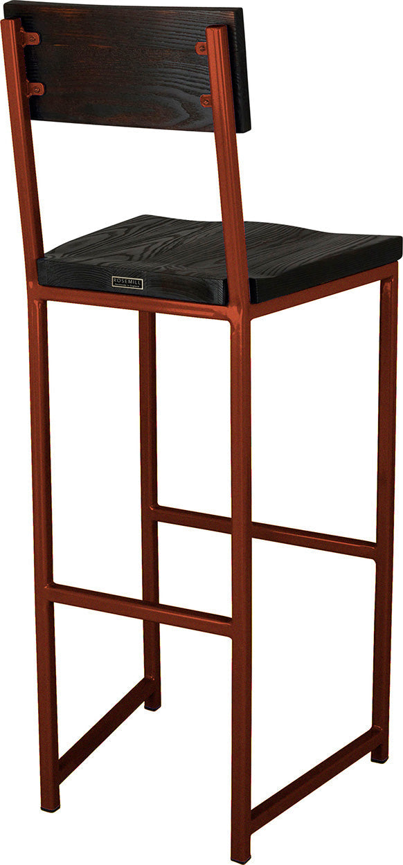 Copper metal stool with back with black stain ash wood made in UK - back side view square frame