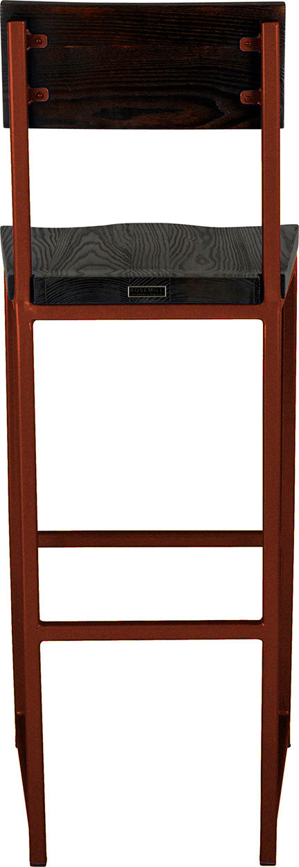 Copper metal stool with back with black stain ash wood made in UK - back view square frame