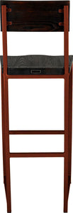 Copper metal stool with back with black stain ash wood made in UK - back view square frame