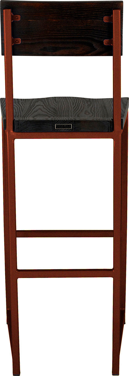 Copper metal stool with back with black stain ash wood made in UK - back view square frame