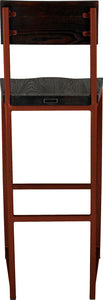 Copper metal stool with back with black stain ash wood made in UK - back view square frame