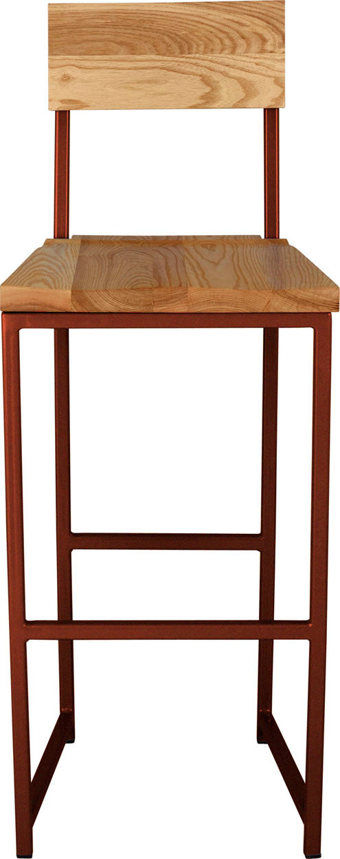 Copper metal stool with back with natural stain ash wood made in UK - front view square frame