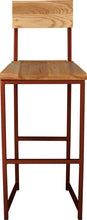 Load image into Gallery viewer, Copper metal stool with back with natural stain ash wood made in UK - front view square frame
