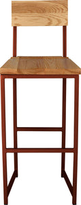 Copper metal stool with back with natural stain ash wood made in UK - front view square frame