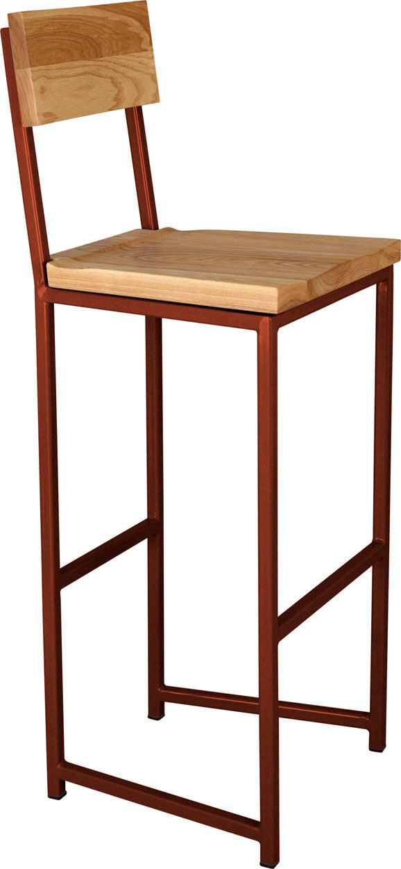 Copper metal stool with back with natural stain ash wood made in UK - angle view square frame