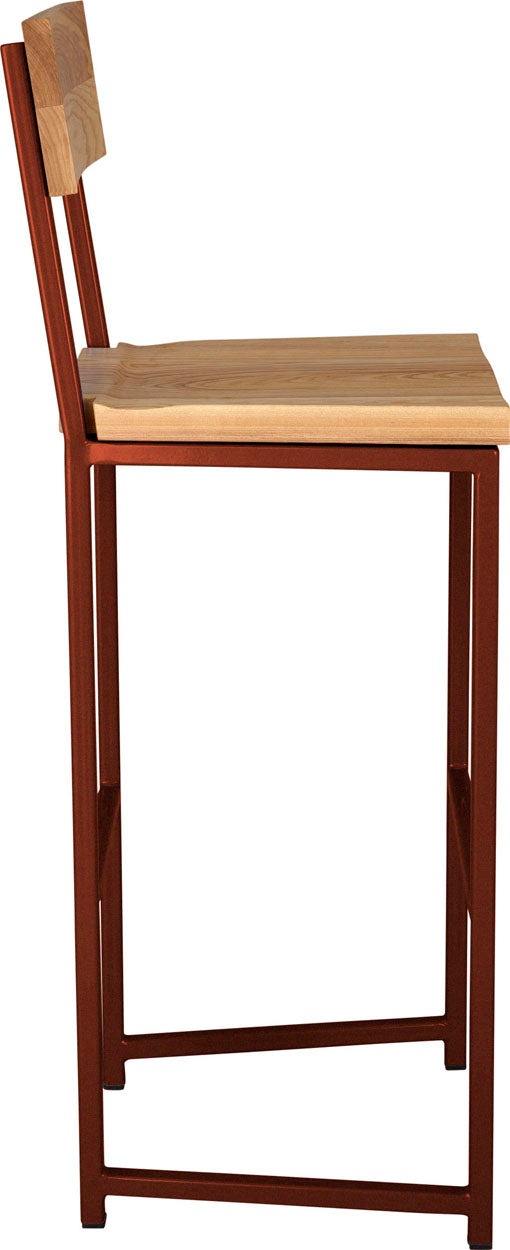 Copper metal stool with back with natural stain ash wood made in UK - side view square frame