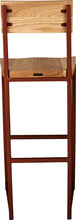 Load image into Gallery viewer, Copper metal stool with back with natural stain ash wood made in UK - back view square frame
