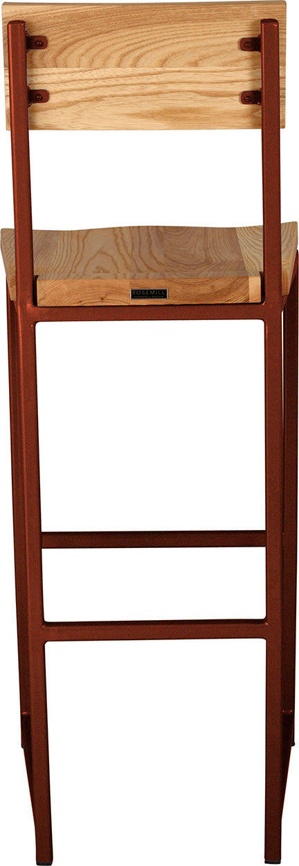 Copper metal stool with back with natural stain ash wood made in UK - back view square frame