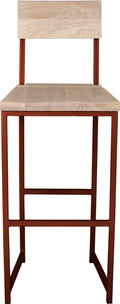 Copper metal stool with back with whitewash stain ash wood made in UK - front view square frame