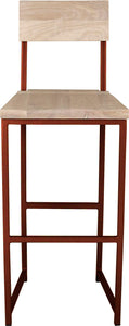 Copper metal stool with back with whitewash stain ash wood made in UK - front view square frame