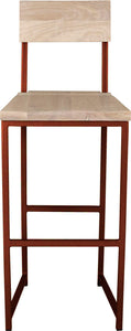 Copper metal stool with back with whitewash stain ash wood made in UK - front view square frame