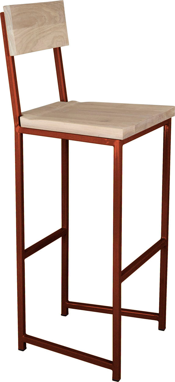 Copper metal stool with back with whitewash stain ash wood made in UK - angle view square frame