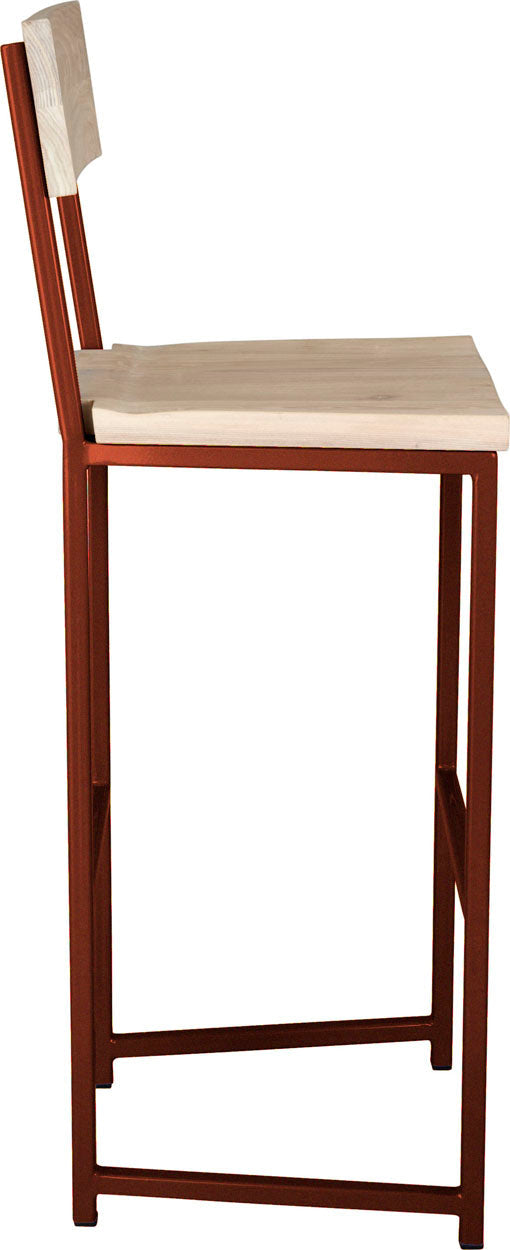 Copper metal stool with back with whitewash stain ash wood made in UK - side view square frame