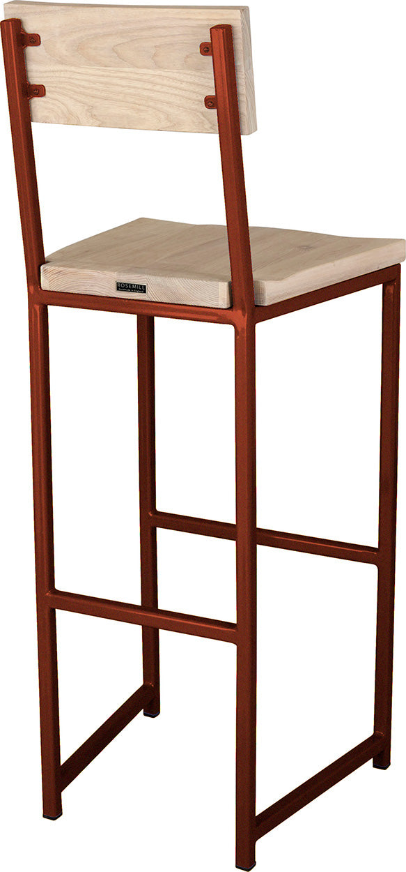 Copper metal stool with back with whitewash stain ash wood made in UK - back side view square frame