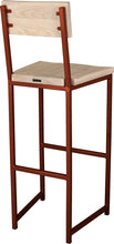 Load image into Gallery viewer, Copper metal stool with back with whitewash stain ash wood made in UK - back side view square frame
