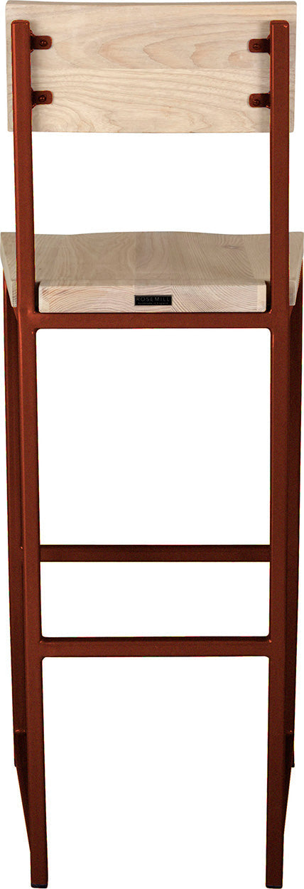 Copper metal stool with back with whitewash stain ash wood made in UK - back view square frame
