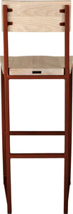 Copper metal stool with back with whitewash stain ash wood made in UK - back view square frame