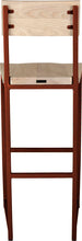 Load image into Gallery viewer, Copper metal stool with back with whitewash stain ash wood made in UK - back view square frame
