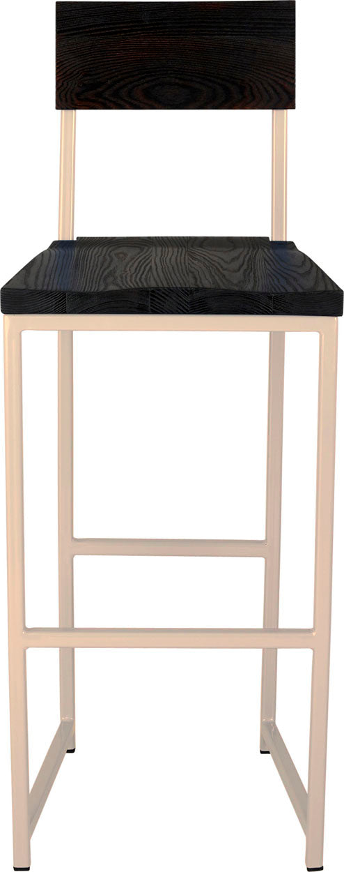 Off white metal stool with back with black stain ash wood made in UK - front view square frame