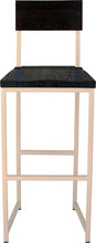 Load image into Gallery viewer, Off white metal stool with back with black stain ash wood made in UK - front view square frame
