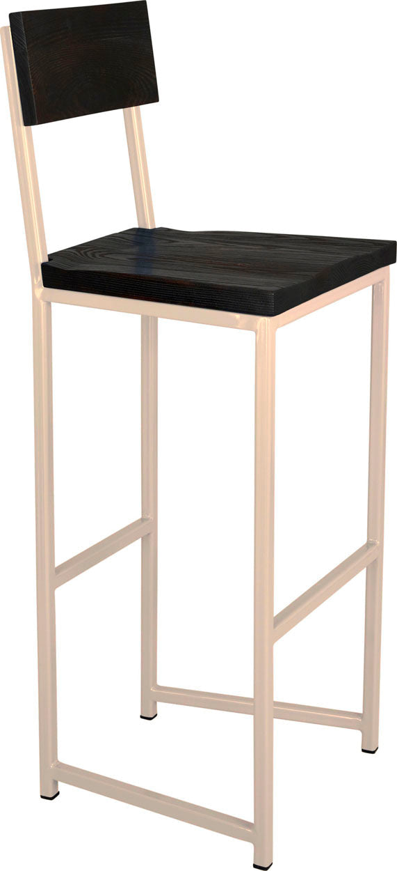 Off white metal stool with back with black stain ash wood made in UK - angle view square frame
