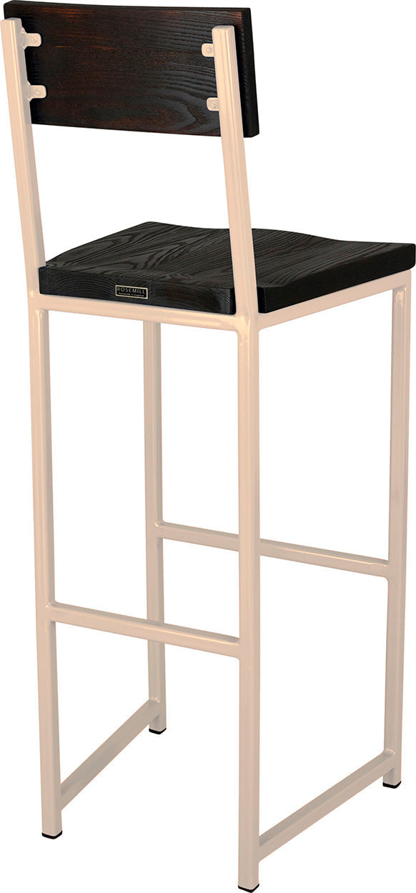 Off white metal stool with back with black stain ash wood made in UK - back side view square frame
