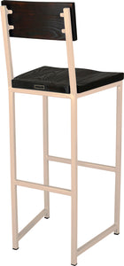 Off white metal stool with back with black stain ash wood made in UK - back side view square frame